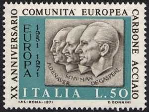 Ventennale della C.E.C.A. - Adenauer, Schuman, De Gasperi - L. 50