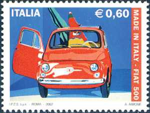 «Made in Italy» - 4ª serie - Cinquantenario della Fiat 500  -«Fiat Nuova 500» dipinto di Antonio Aimone 