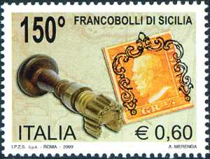 150° Anniversario dei primi francobolli di Sicilia - Mezzo grano di Sicilia e timbro con annullo a ferro di cavallo