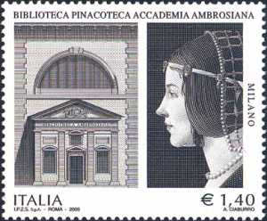 Biblioteca Pinacoteca Accademia Ambrosiana - Facciata della pinacoteca e «Ritratto di dama» di Giovanni Ambrogio de Predis