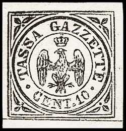 1859 - Segnatasse per giornali - Aquila coronata estense entro un doppio cerchio con dicitura «TASSA GAZZETTE CENT. 10»