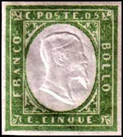 1855 - Quarta emissione - Effige di Vittorio Emanuele II  a secco in rilievo in ovale bianco