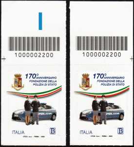 Polizia di Stato - 170° Anniversario della fondazione - coppia di francobolli con codice a barre n° 2200 in ALTO destra-sinistra