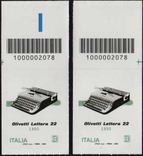 macchina per scrivere portatile OLIVETTI Lettera 22 - 70° Anniversario della produzione - coppia di francobolli con codice a barre n° 2078 in ALTO destra-sinistra
