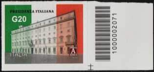 Presidenza italiana del G20 - francobollo con codice a barre n° 2071 a DESTRA in basso