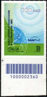 Scuola Superiore di Specializzazione in Telecomunicazioni    SSSTLC  - Centenario della istituzione - francobollo con codice a barre n° 2360 in BASSO a sinistra