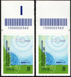 Scuola Superiore di Specializzazione in Telecomunicazioni    SSSTLC  - Centenario della istituzione - coppia di francobolli con codice a barre n° 2360 in ALTO destra-sinistra