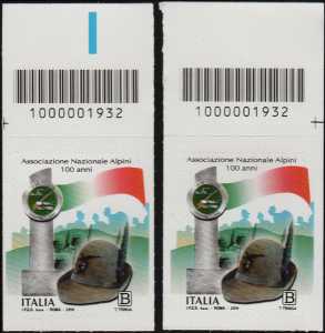 Centenario della costituzione della Associazione Nazionale Alpini - coppia con codici a barre n° 1932 in ALTO destra-sinistra