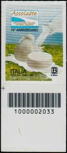 ASSOLATTE : Associazione Italiana Lattiero-Casearia - 75°  Anniversario della fondazione - francobollo con codice a barre n° 2033 in BASSO a sinistra