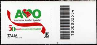 AVO - Associazione Volontari Ospedalieri - 50° Anniversario della fondazione - francobollo con codice a barre n° 2554  a  DESTRA  in  basso