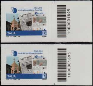 50° Anniversario della fondazione del quotidiano "Avvenire" - coppia di francobolli con codice a barre n°1895 a DESTRA alto-basso