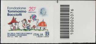 Fondazione Tommasino Bacciotti Onlus - 20° Anniversario della istituzione - francobollo con codice a barre n° 2076 a DESTRA in alto