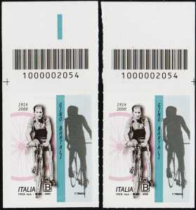 Gino Bartali - 20° Anniversario della scomparsa - coppia di francobolli con codice a barre n° 2054 in ALTO destra-sinistra