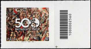 Le Eccellenze italiane dello spettacolo  - Bud Spencer - francobollo con codice a barre n° 2171 in BASSO a destraV° centenario della Battaglia di Pavia - francobollo con codice a b