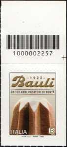Bauli  S.p.A. - Centenario della fondazione - francobollo con codice a barre n° 2257 in  ALTO  a destra