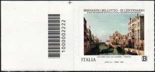 Patrimonio artistico e culturale italiano : Bernardo Bellotto - III° Centenario della nascita - francobollo con codice a barre n° 2222 a SINISTRA  in alto