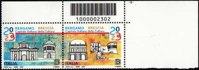 Bergamo Brescia - Capitale Italiana della Cultura 2023 - dittico con codice a barre n° 2302 in  ALTO a destra