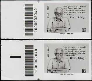 Enzo Biagi - Centenario della nascita - coppia di francobolli con codice a barre n° 2040 a SINISTRA alto-basso