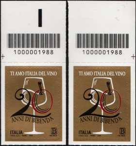 Guida Bibenda - 20° Anniversario della fondazione - coppia di francobolli con codice a barre  n° 1988 in ALTO destra-sinistra