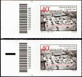 Il Senso Civico - 40° Anniversario della Strage di Bologna - coppia di francobolli con codice a barre n° 2038 a SINISTRA alto-basso