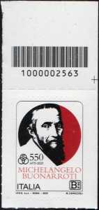Michelangelo Buonarroti - 550º anniversario della nascita - francobollo con codice a barre n° 2563  in  ALTO  a  destra