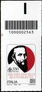 Michelangelo Buonarroti - 550º anniversario della nascita - francobollo con codice a barre n° 2563  in  ALTO  a  sinistra