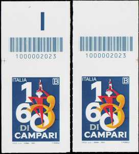 Le eccellenze del sistema produttivo ed economico - Davide Campari - Milano S.p.A. - 160° Anniversario della fondazione - coppia di francobolli con codice a barre n° 2023 in ALTO d