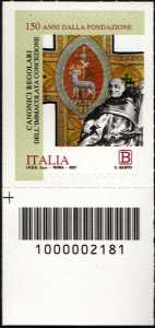 Congregazione dei Canonici Regolari dell’Immacolata Concezione - 150° Anniversario della fondazione - francobollo con codice a barre n° 2181 in BASSO a sinistra