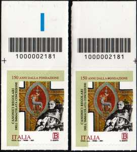 Congregazione dei Canonici Regolari dell’Immacolata Concezione - 150° Anniversario della fondazione - coppia di francobolli con codice a barre n° 2181 in ALTO destra-sinistra