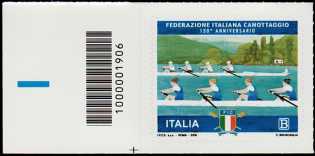 Federazione Italiana Canottaggio - 130° Anniversario della fondazione - francobollo con codice a barre 1906 a SINISTRA basso