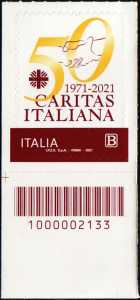 Caritas italiana - 50° Anniversario della fondazione - francobollo con codice a barre n° 2133 in BASSO a sinistra