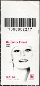 Le eccellenze italiane dello spettacolo :  Raffaella Carrà - francobollo con codice a barre n° 2247 in  ALTO a destra
