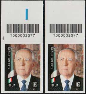 Carlo Azeglio Ciampi - Centenario della nascita - coppia di francobolli con codice a barre n° 2077 in ALTO destra-sinistra