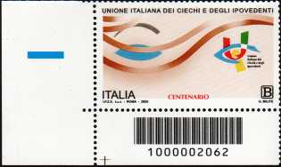 Unione Italiana dei Ciechi e degli Ipovedenti - Centenario della fondazione - francobollo con codice a barre n° 2062 in BASSO a sinistra