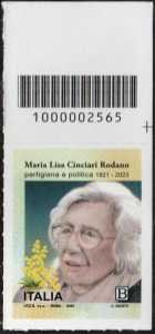 Maria Lisa Cinciari Rodano - partigiana e politica - francobollo con codice a barre n° 2565  in  ALTO  a  destra