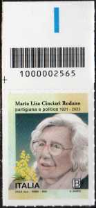 Maria Lisa Cinciari Rodano - partigiana e politica - francobollo con codice a barre n° 2565  in  ALTO  a  sinistra