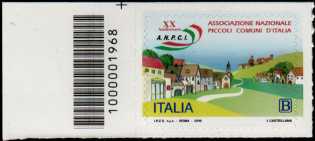 Associazione Nazionale dei Piccoli Comuni d'Italia - 20° Anniversario della costituzione - francobollo con codice a barre n° 1968  a  SINISTRA  in  alto