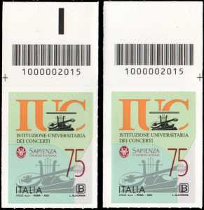 Istituzione Universitaria dei Concerti - Roma - 75° Anniversario della fondazione - coppia di francobolli con codice a barre n° 2015 in ALTO sinistra-destra