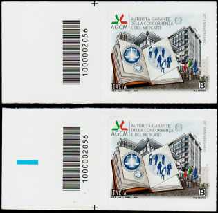 30° Anniversario dell'Autorità della Concorrenza e del Mercato - coppia di francobolli con codice a barre n° 2056 a SINISTRA alto-basso