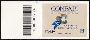 CONFAPI - 75° Anniversario della costituzione - francobollo con codice a barre n° 2234 a SINISTRA in alto