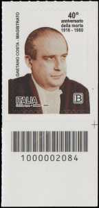 40° Anniversario della morte del magistrato  Gaetano Costa - francobollo con codice a barre n° 2084 in BASSO a destra