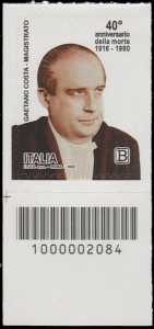 40° Anniversario della morte del magistrato  Gaetano Costa - francobollo con codice a barre n° 2084 in BASSO a sinistra