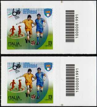 Lega Nazionale Dilettanti - 60° Anniversario della istituzione - coppia di francobolli con codice a barre n° 1991 a DESTRA alto-basso