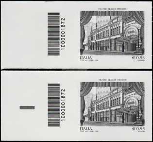 Teatro Eliseo di Roma - Centenario della inaugurazione  - coppia di francobolli con codice a barre n° 1872 a SINISTRA alto-basso