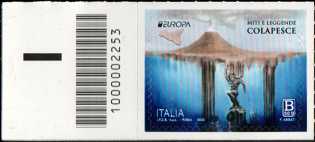 Europa 2022 - 67° emissione -  Miti e leggende : Leggenda di Colapesce - francobollo con codice a barre n° 2253 a SINISTRA  in basso