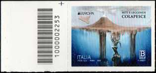 Europa 2022 - 67° emissione -  Miti e leggende : Leggenda di Colapesce - francobollo con codice a barre n° 2253 a SINISTRA  in alto