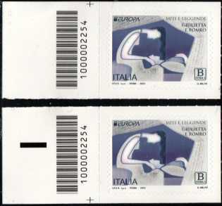 Europa 2022 - 67° emissione -  Miti e leggende : Romeo e Giulietta - coppia di francobolli con codice a barre n° 2254 a SINISTRA alto-basso