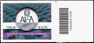 Italia 2013 - «Le Istituzioni» - Agenzia Italiana del Farmaco - codice a barre n° 1539 a  DESTRA  in  basso