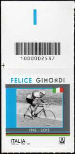 Ciclisti italiani campioni del mondo : Felice Gimondi - francobollo con codice a barre n° 2537  in  ALTO  a  sinistra