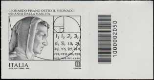 Leonardo Pisano detto "Il Fibonacci" - 850° Anniversario della nascita - francobollo con codice a barre n° 2050 a DESTRA in basso